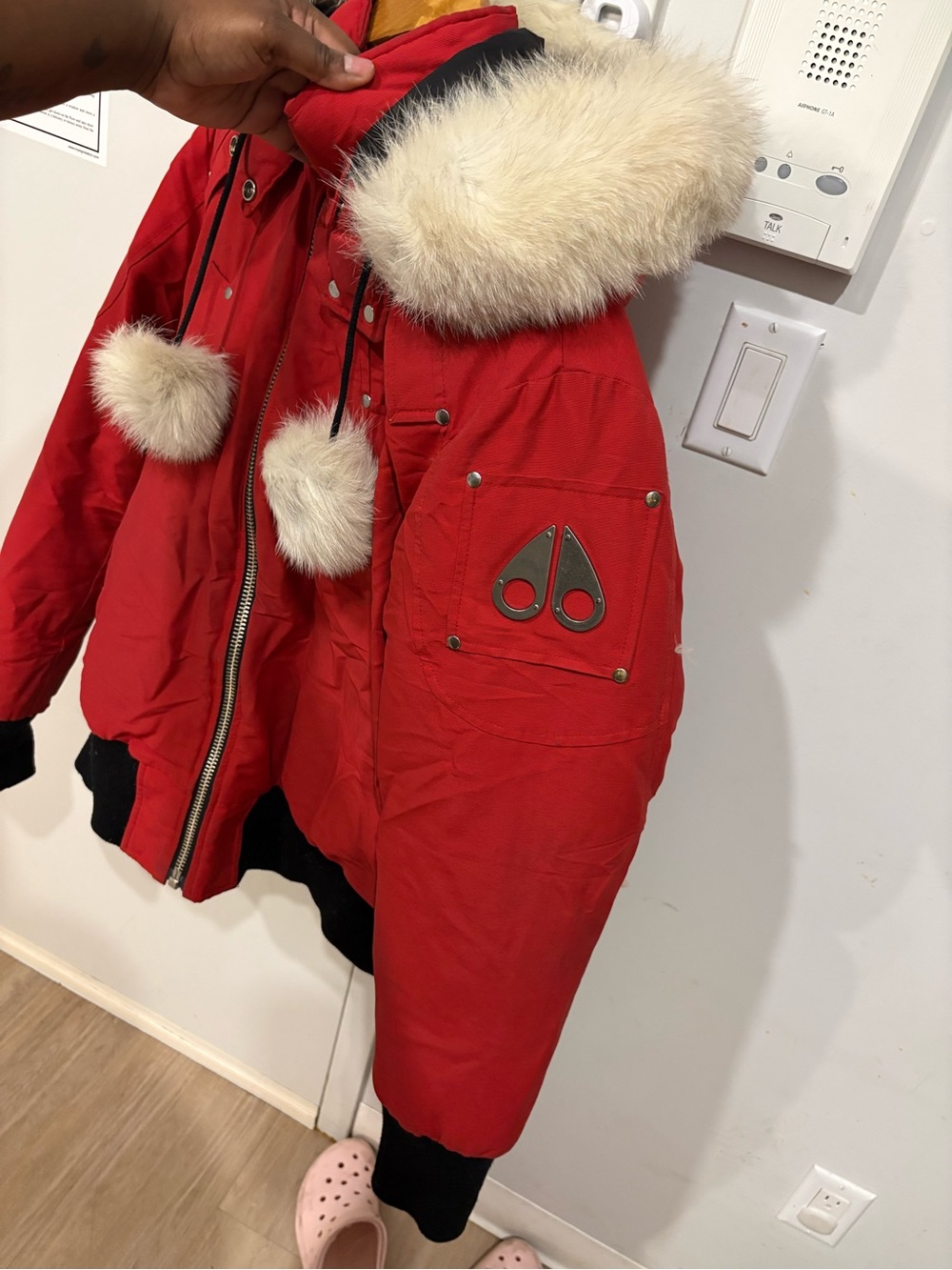 Moose Knuckles Women's Red Bomber Jacket with Cream Fur Trim